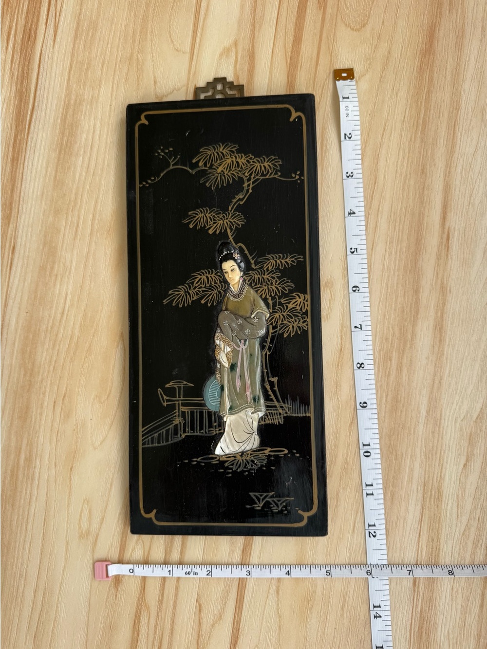 Hand-Painted Asian Lacquer Plaque with Geisha Motif in Black and Gold